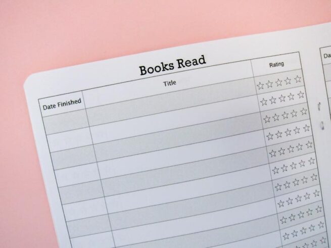 Close up of books read page in reading tracker notebook