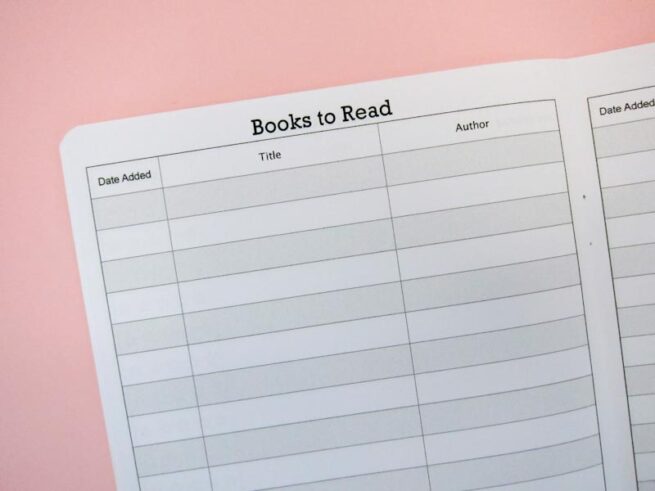 Close up of books to read in the reading tracker notebook