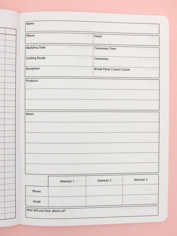 Wedding Customer Inquiry Notebook page layout