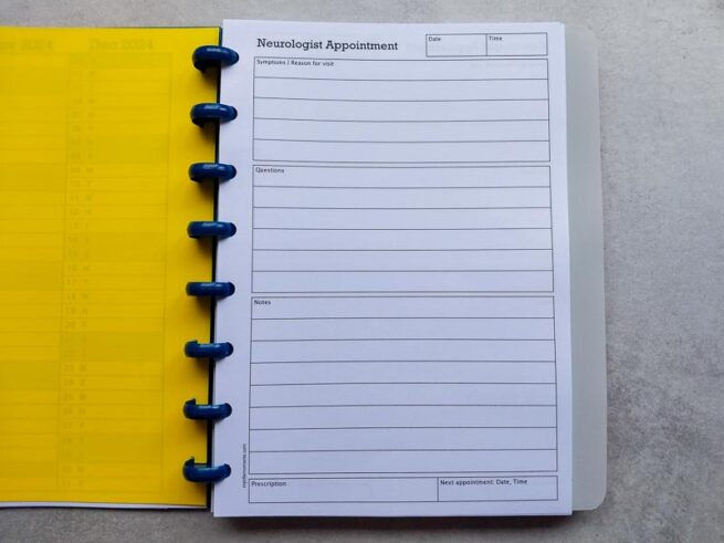 Neurologist appointment pages in seizure diary